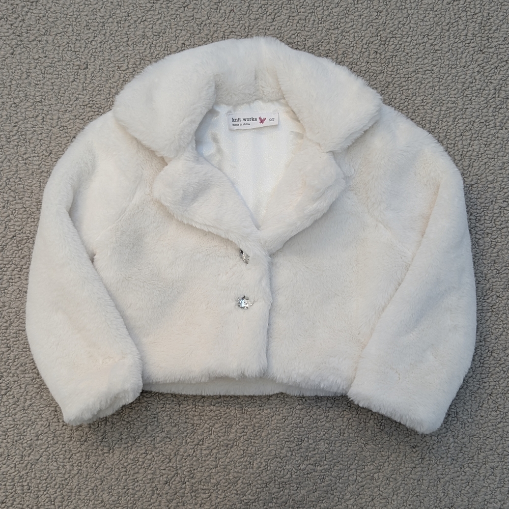 2T Faux Fur Plush Toddler Dress Up Formal Jacket + Silver Gem Heart Buttons